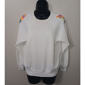 Vintage 80s Women's Large Parrot Sweatshirt White Craft Paint Lightweight USA